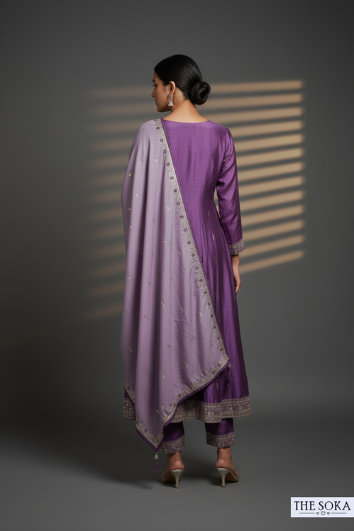 Premium Silk Light Purple Tone Embroidered Peplum Kurta Set with  Pants and Dupatta