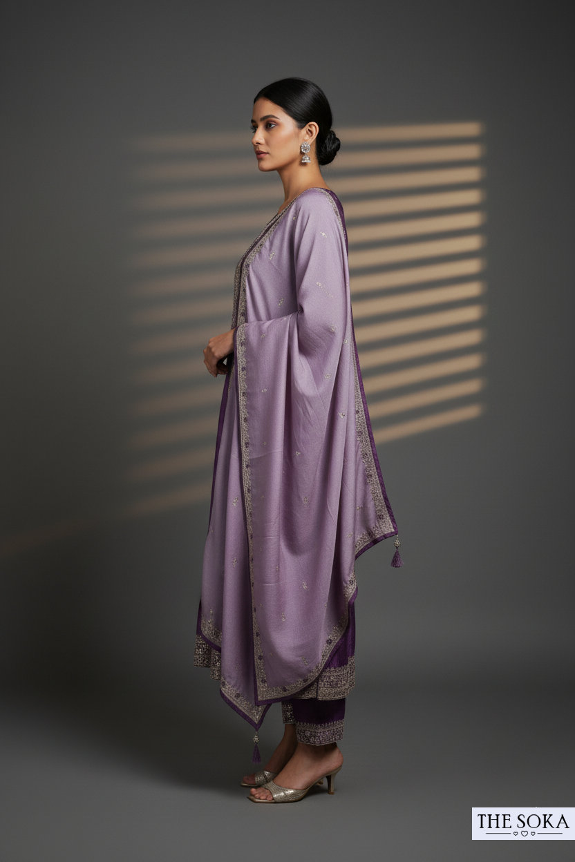 Premium Silk Light Purple Tone Embroidered Peplum Kurta Set with  Pants and Dupatta