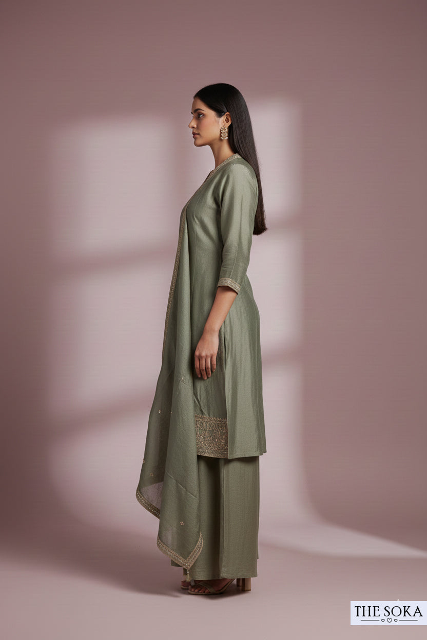 Premium Silk Sage Green Embroidered Kurta Set with Palazzo Pants