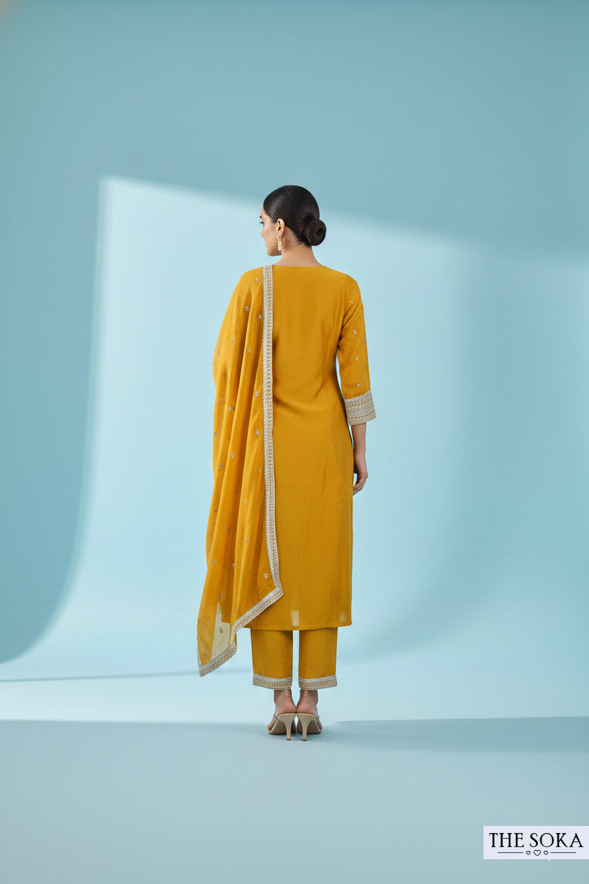 Premium Silk Yellow  Embroidered Kurta Set with Dupatta