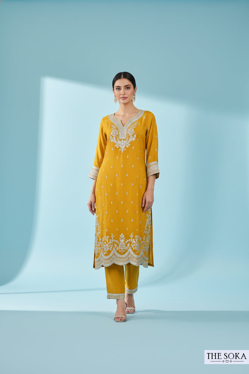 Premium Silk Yellow  Embroidered Kurta Set with Dupatta