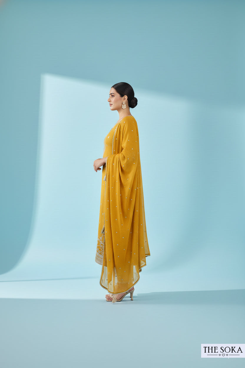 Premium Silk Yellow  Embroidered Kurta Set with Dupatta