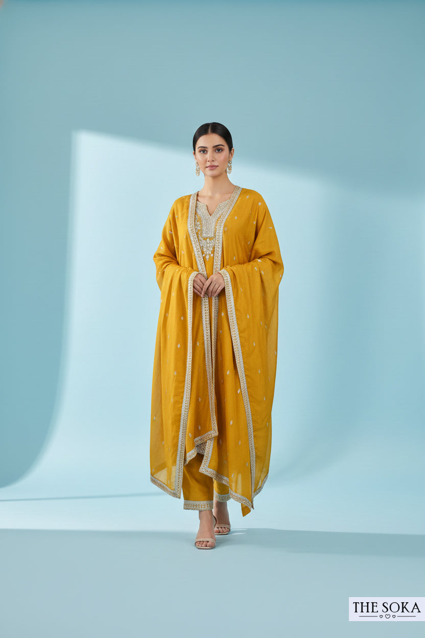 Premium Silk Yellow  Embroidered Kurta Set with Dupatta