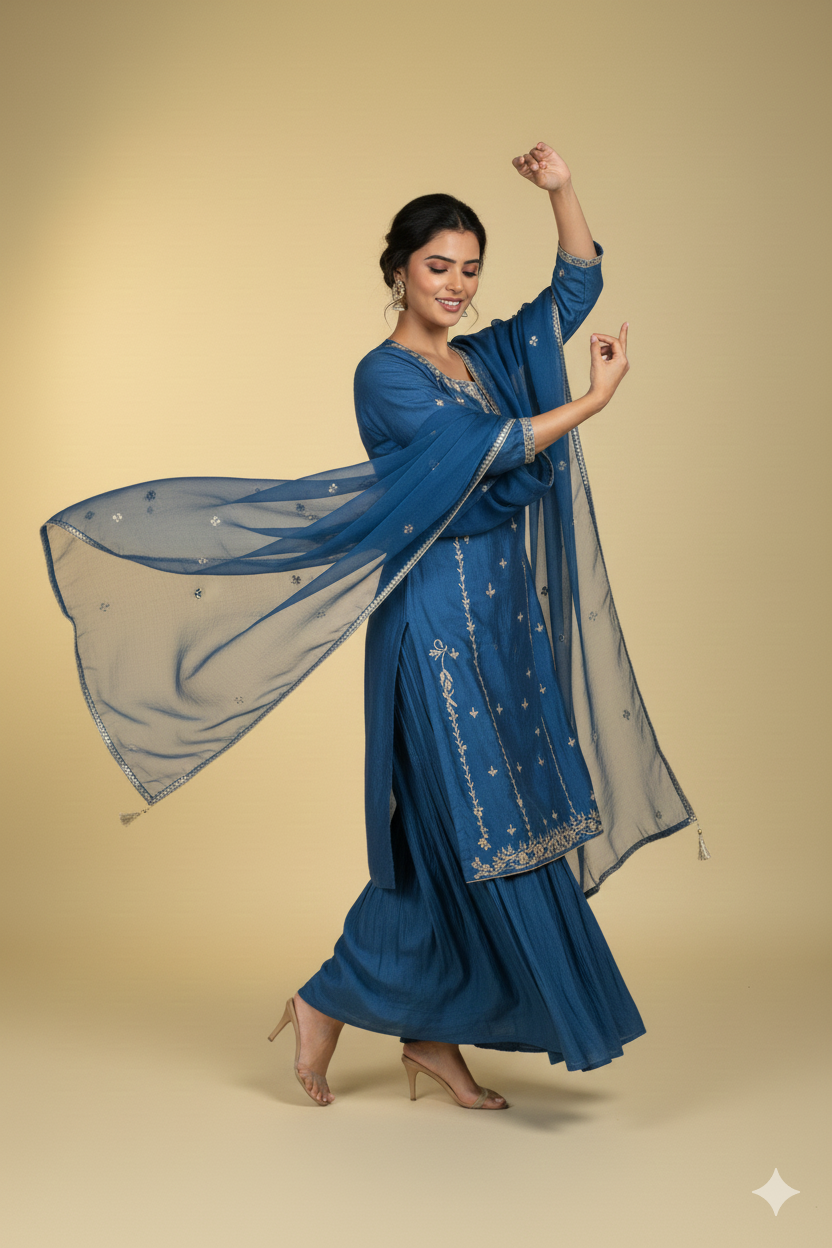 Pure Chinon Blue Embroidered Peplum Kurta Set with  Sharara Pants and Dupatta