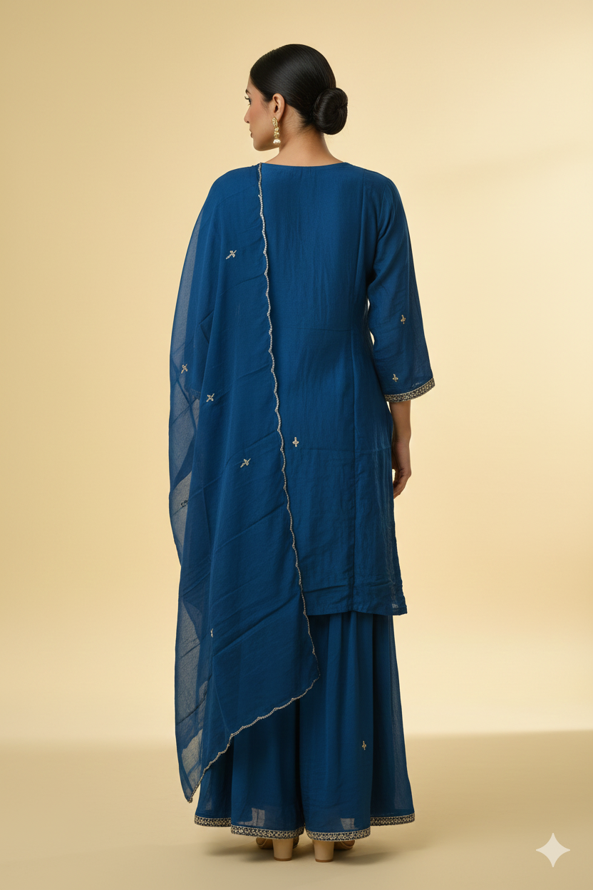 Pure Chinon Blue Embroidered Peplum Kurta Set with  Sharara Pants and Dupatta