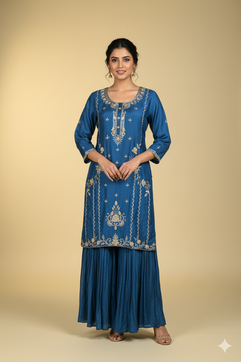 Pure Chinon Blue Embroidered Peplum Kurta Set with  Sharara Pants and Dupatta
