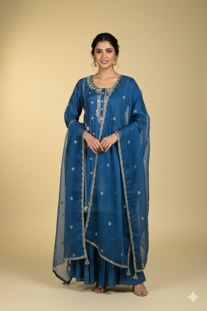 Pure Chinon Blue Embroidered Peplum Kurta Set with  Sharara Pants and Dupatta