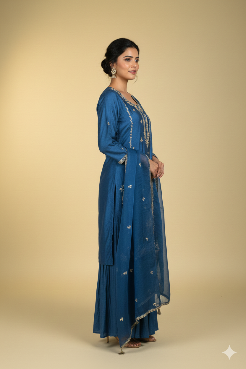 Pure Chinon Blue Embroidered Peplum Kurta Set with  Sharara Pants and Dupatta
