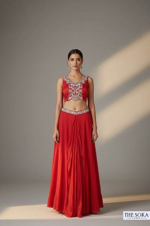 Pure Chinon Crimson Rani Pink Embroidered Dhoti Lehenga Set with Cape