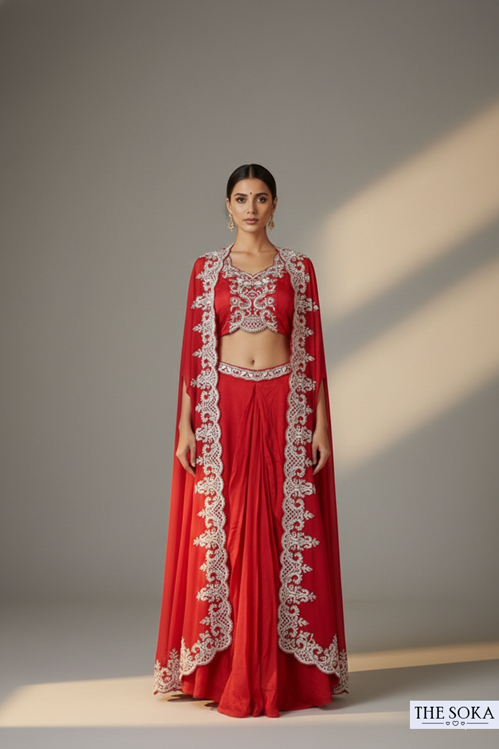 Pure Chinon Crimson Rani Pink Embroidered Dhoti Lehenga Set with Cape
