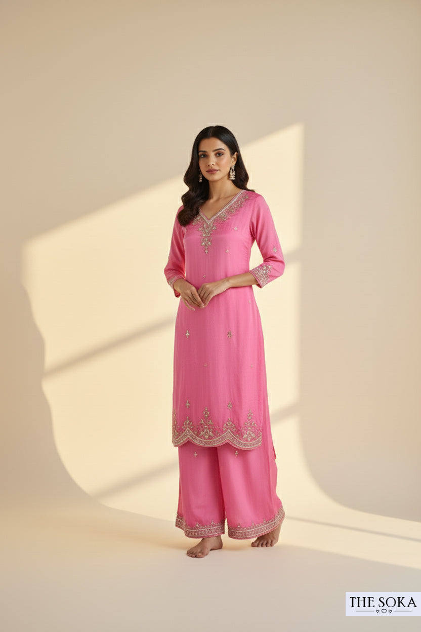 Pure Chinon Dusty Rose Pink Royal Charm Embroidered Palazzo Set