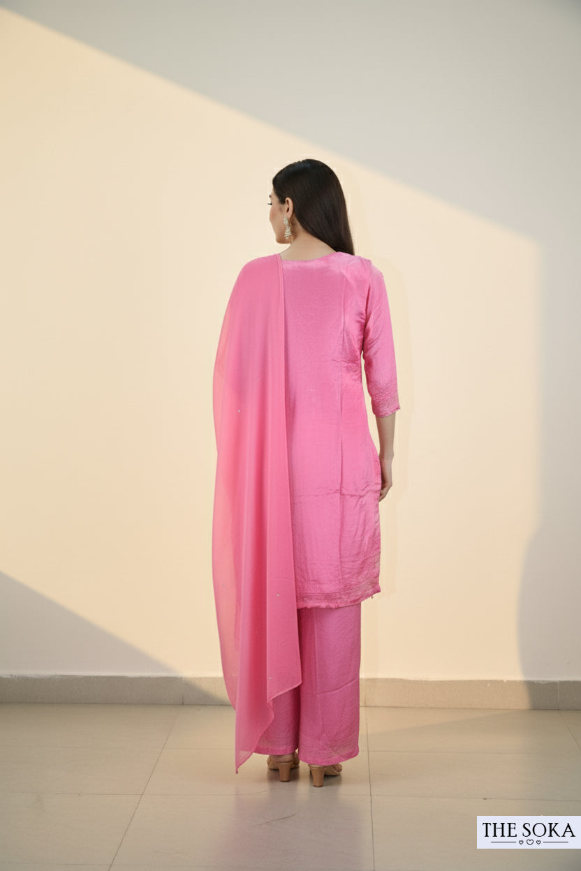 Pure Chinon Dusty Rose Pink Royal Charm Embroidered Palazzo Set