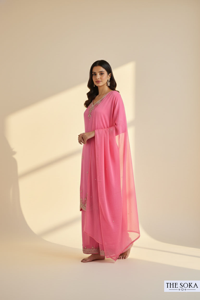 Pure Chinon Dusty Rose Pink Royal Charm Embroidered Palazzo Set