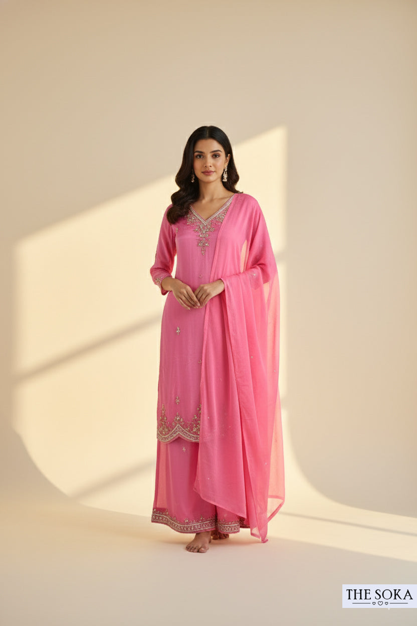 Pure Chinon Dusty Rose Pink Royal Charm Embroidered Palazzo Set