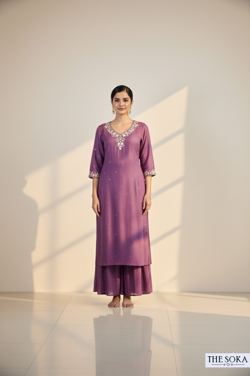Pure Chinon  Embroidered Crop Top with Kurta–Sharara Suit Set Purple Color