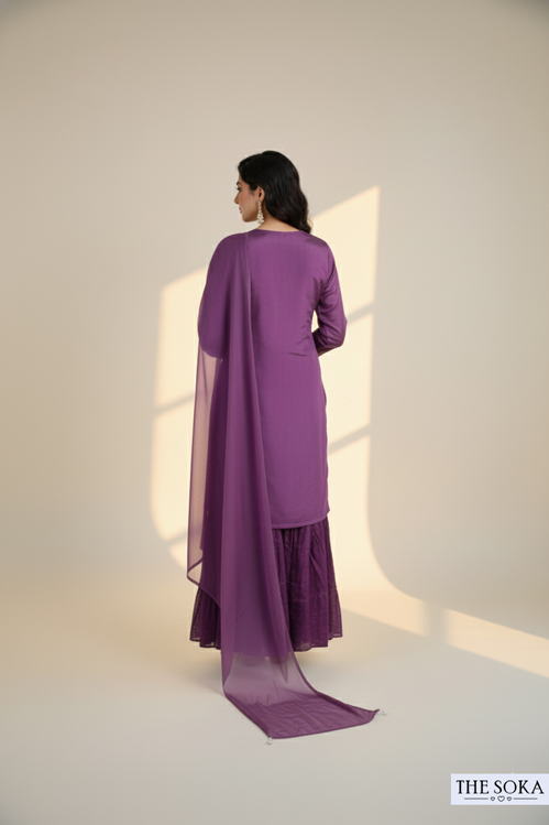 Pure Chinon  Embroidered Crop Top with Kurta–Sharara Suit Set Purple Color