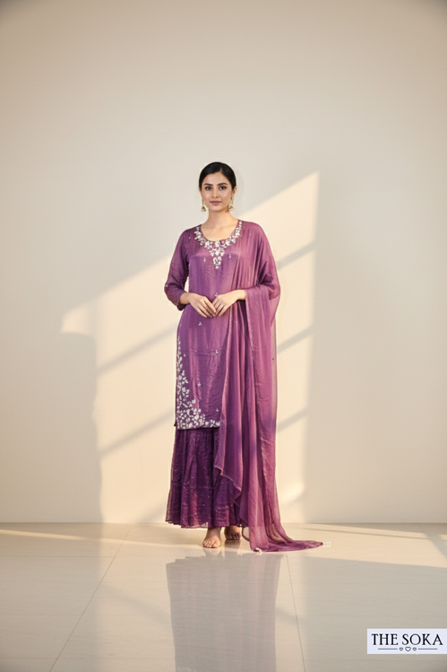 Pure Chinon  Embroidered Crop Top with Kurta–Sharara Suit Set Purple Color
