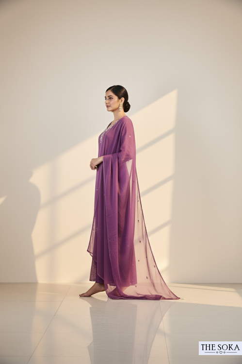 Pure Chinon  Embroidered Crop Top with Kurta–Sharara Suit Set Purple Color