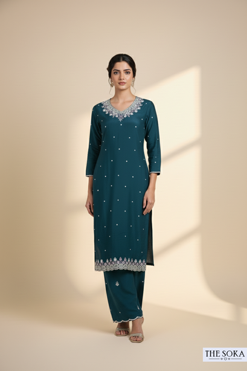 Pure Chinon  Embroidered Kurta, Palazzo, and Dupatta Set