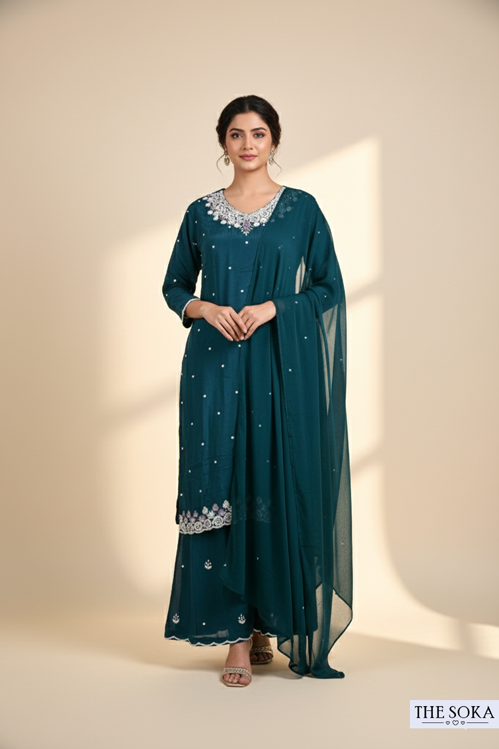 Pure Chinon  Embroidered Kurta, Palazzo, and Dupatta Set