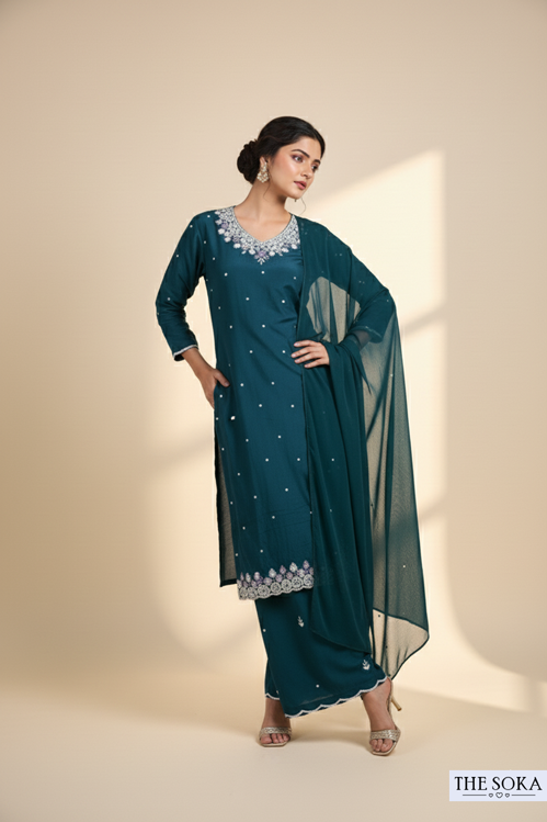 Pure Chinon  Embroidered Kurta, Palazzo, and Dupatta Set