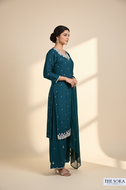 Pure Chinon  Embroidered Kurta, Palazzo, and Dupatta Set