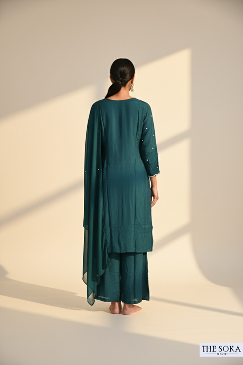 Pure Chinon  Embroidered Kurta, Palazzo, and Dupatta Set