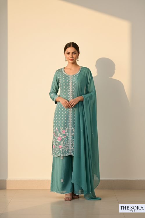Pure Chinon  Embroidered Kurta with Palazzo Set Teal Color