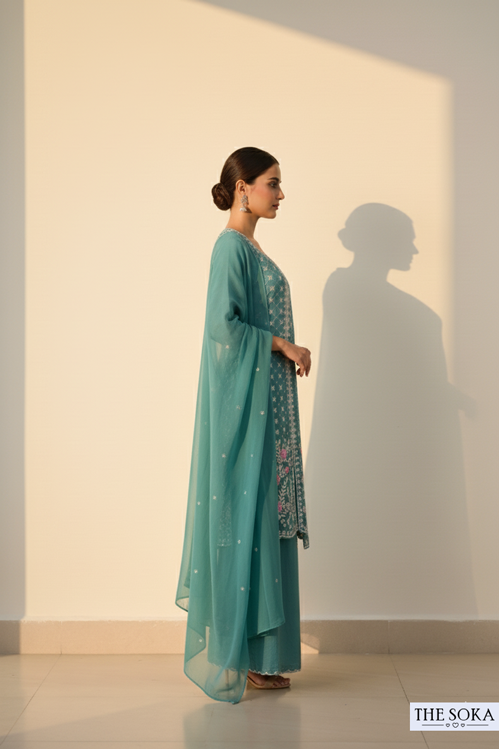 Pure Chinon  Embroidered Kurta with Palazzo Set Teal Color