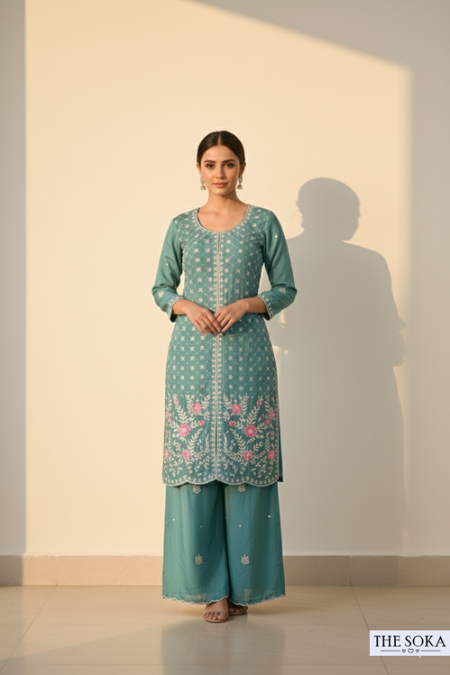 Pure Chinon  Embroidered Kurta with Palazzo Set Teal Color