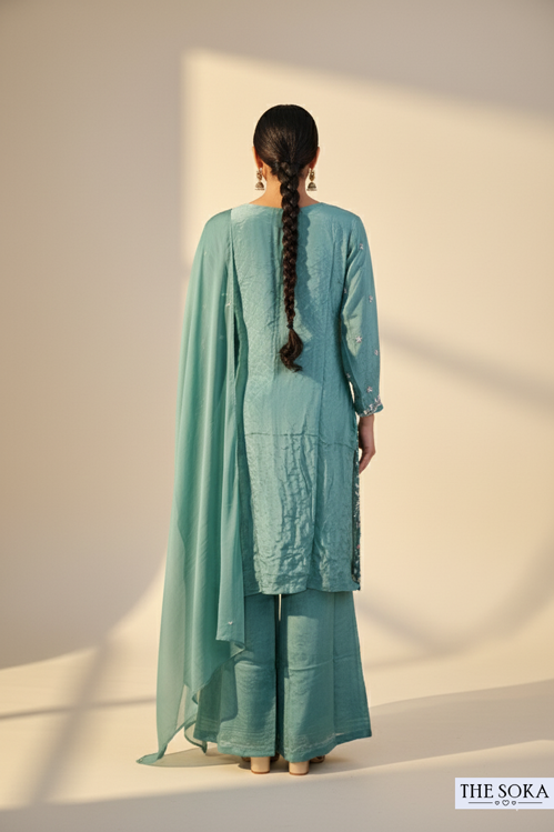 Pure Chinon  Embroidered Kurta with Palazzo Set Teal Color
