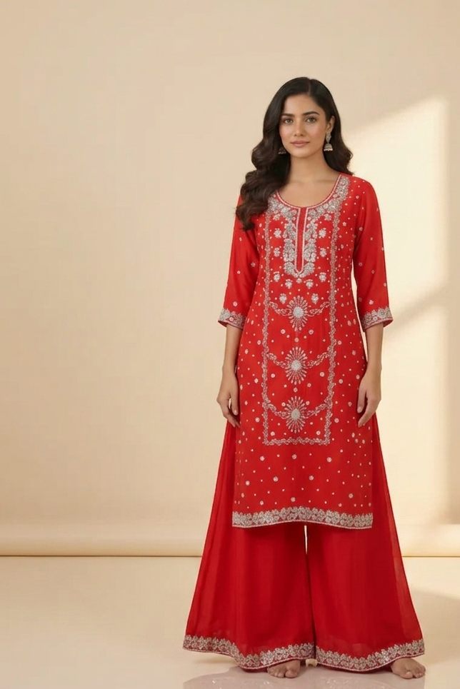 A woman modeling a red three-piece traditional Indian outfit with intricate silver embroidery, consisting of a kurta, flared pants, and a matching dupatta, set against a warm beige studio backdrop.