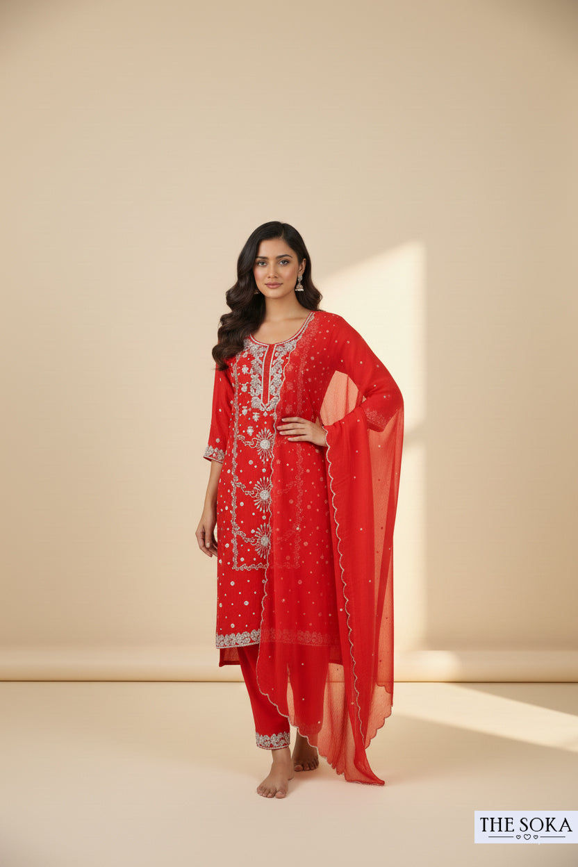 Pure Chinon Embroidered Red Kurta with Palazzo Set