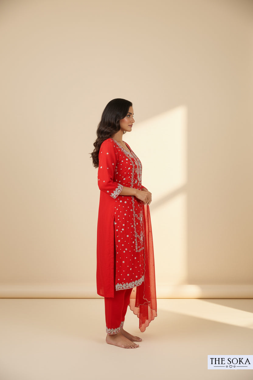 Pure Chinon Embroidered Red Kurta with Palazzo Set
