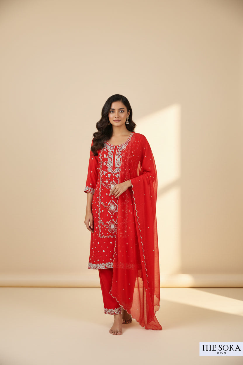 Pure Chinon Embroidered Red Kurta with Palazzo Set