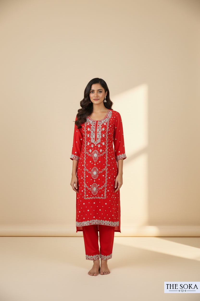 Pure Chinon Embroidered Red Kurta with Palazzo Set