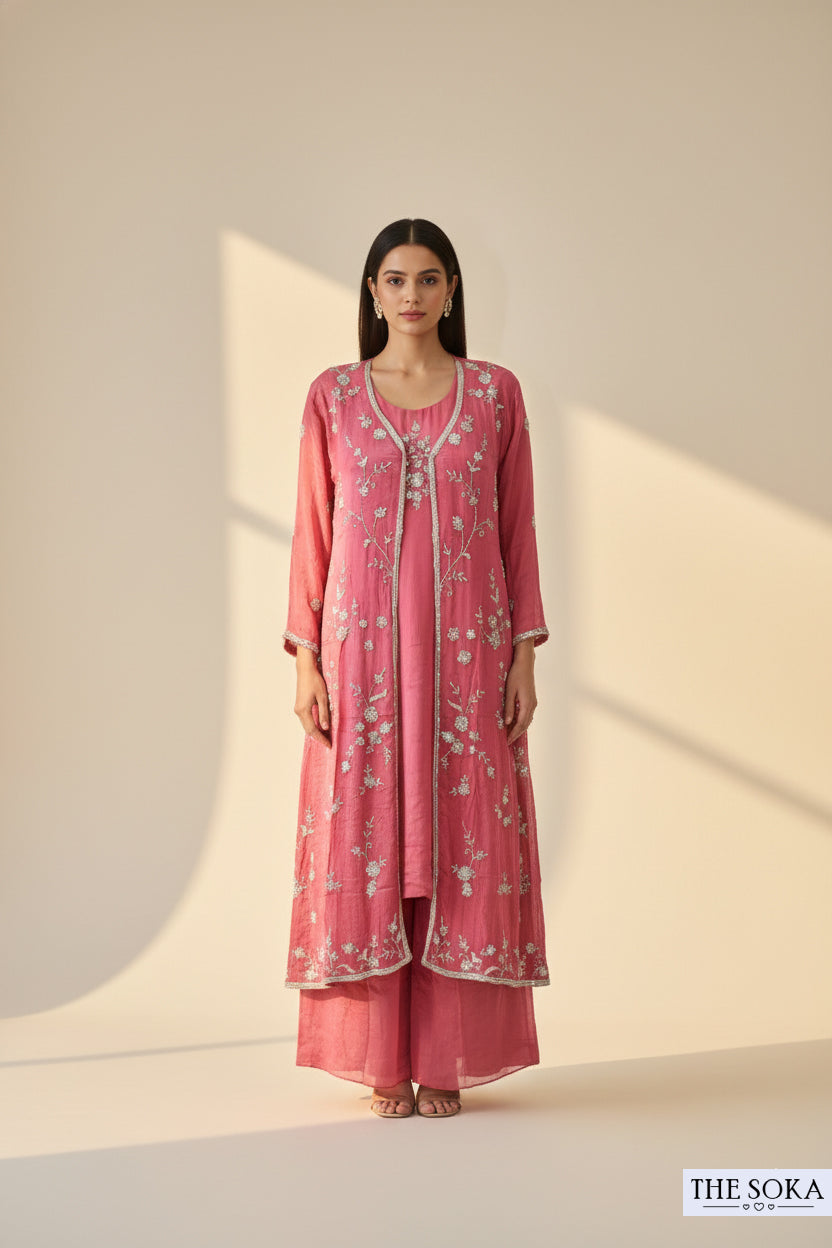 Pure Chinon Floral  Rose Pink Embroidered Kurta Set with Shrug