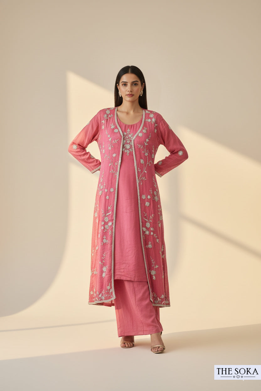 Pure Chinon Floral  Rose Pink Embroidered Kurta Set with Shrug