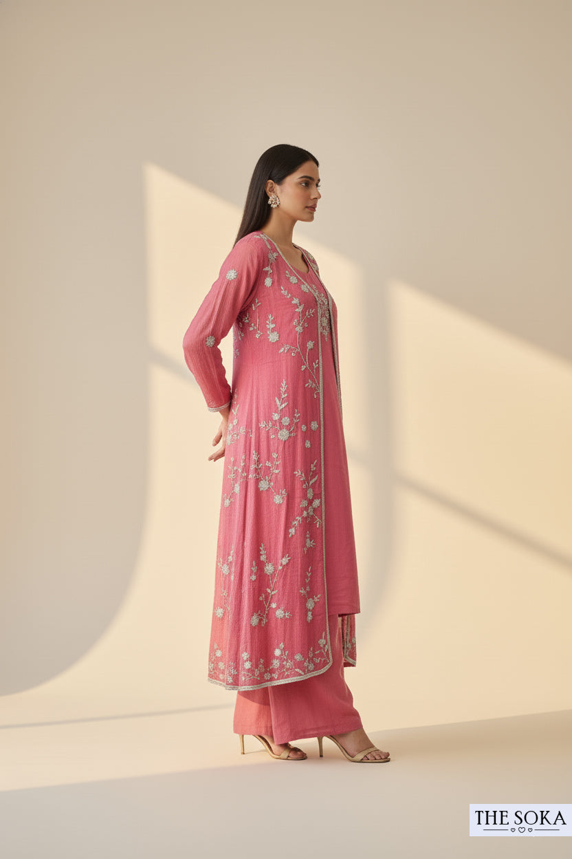 Pure Chinon Floral  Rose Pink Embroidered Kurta Set with Shrug