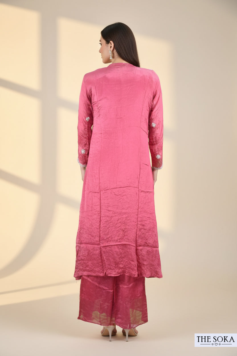 Pure Chinon Floral  Rose Pink Embroidered Kurta Set with Shrug
