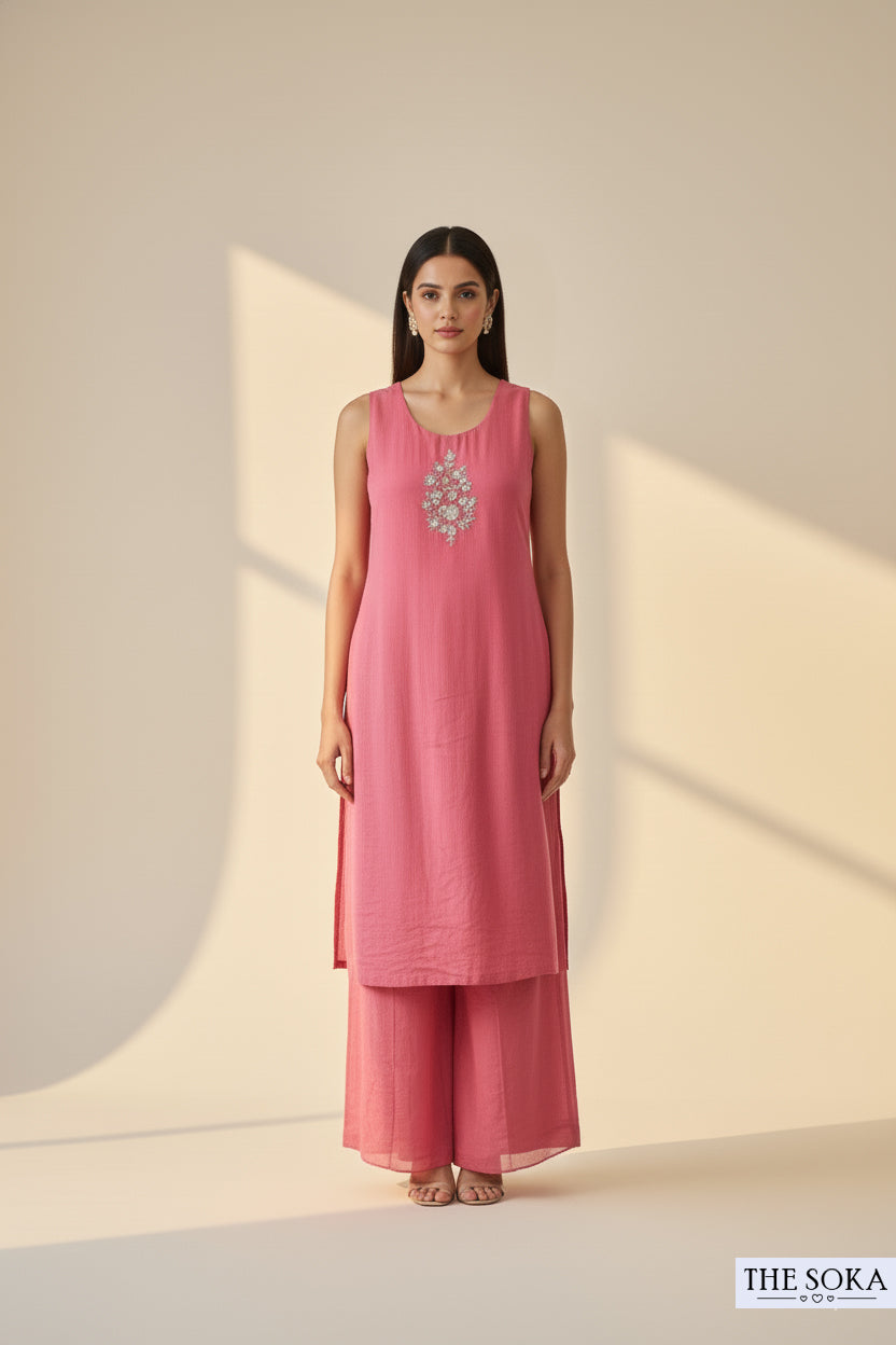 Pure Chinon Floral  Rose Pink Embroidered Kurta Set with Shrug