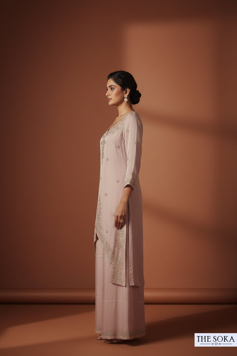Pure Chinon Mauve Pink Embroidered Kurta with Palazzo Set