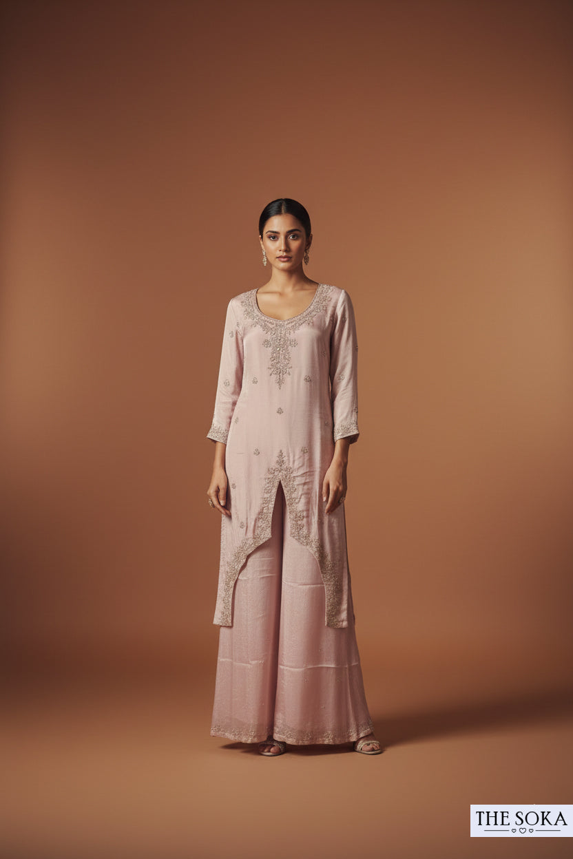 Pure Chinon Mauve Pink Embroidered Kurta with Palazzo Set