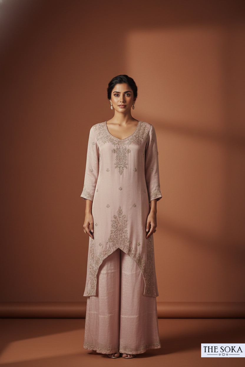 Pure Chinon Mauve Pink Embroidered Kurta with Palazzo Set