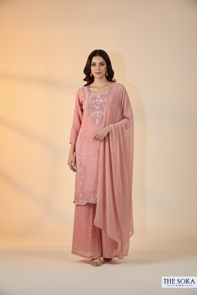 Pure Chinon Peach Pink  Embroidered Palazzo Suit Graceful Glimmer