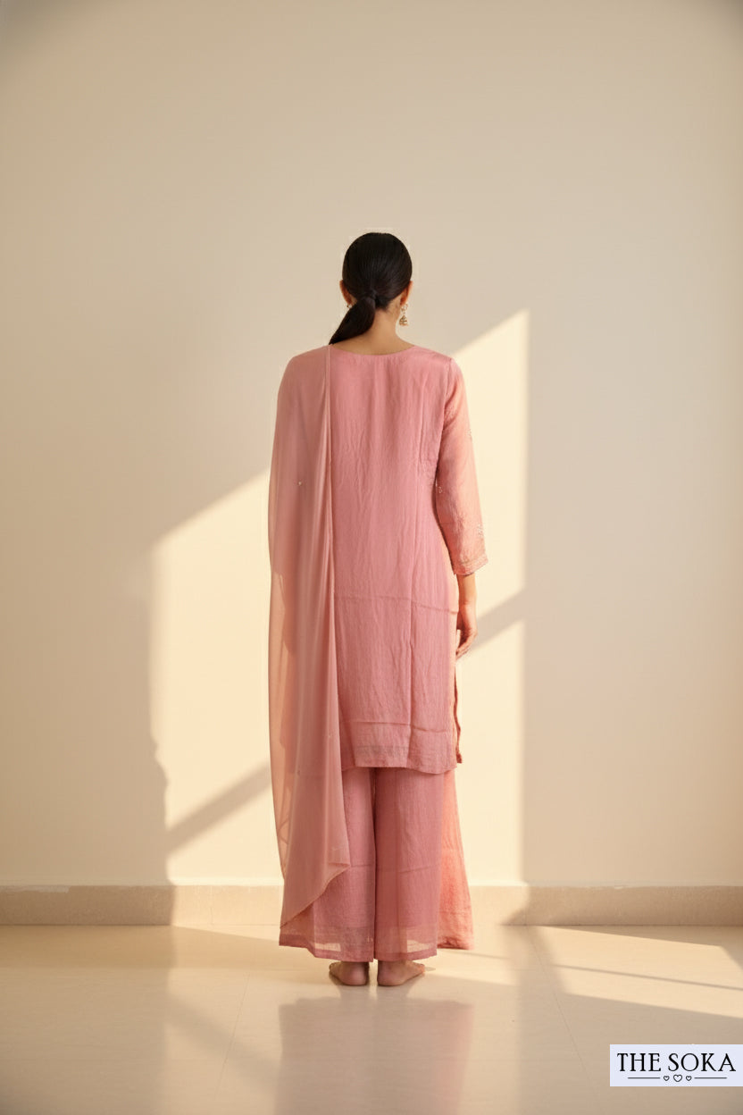 Pure Chinon Peach Pink  Embroidered Palazzo Suit Graceful Glimmer