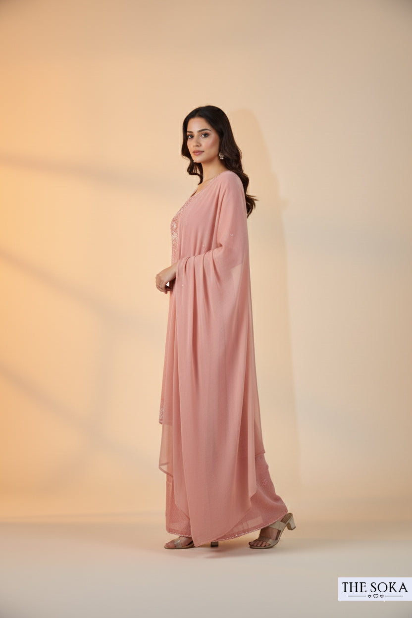Pure Chinon Peach Pink  Embroidered Palazzo Suit Graceful Glimmer