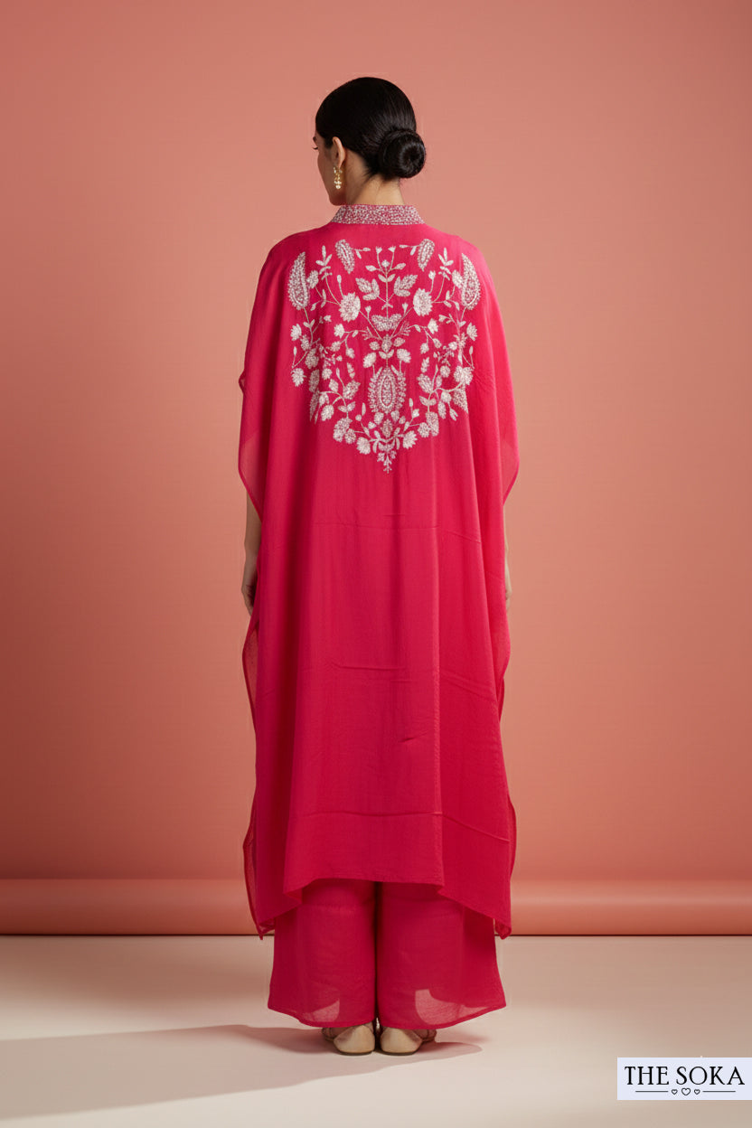 Pure Chinon Rani Pink Kaftan Style Kurta Set with Pants