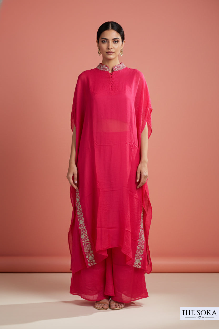 Pure Chinon Rani Pink Kaftan Style Kurta Set with Pants