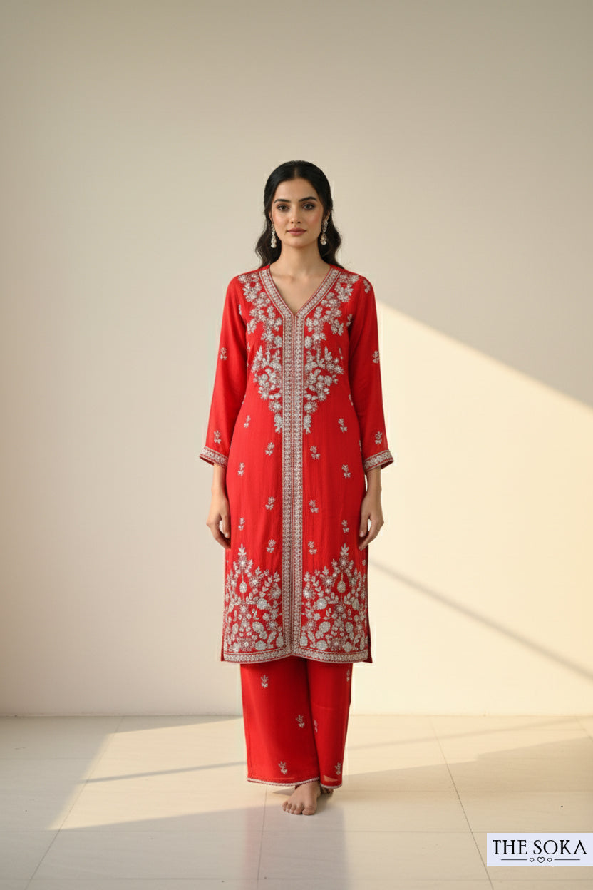 Pure Chinon Red Embroidered Kurta Set with Handmade Detailing